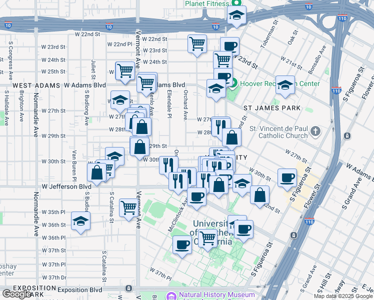 map of restaurants, bars, coffee shops, grocery stores, and more near 1115 West 30th Street in Los Angeles