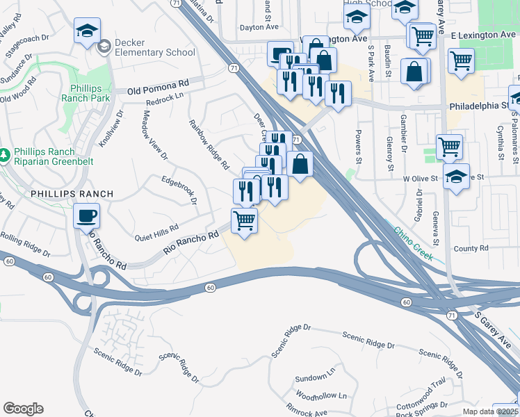 map of restaurants, bars, coffee shops, grocery stores, and more near 68 Rio Rancho Road in Pomona