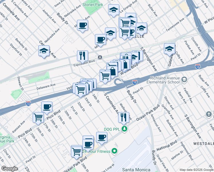map of restaurants, bars, coffee shops, grocery stores, and more near 2405 South Centinela Avenue in Los Angeles