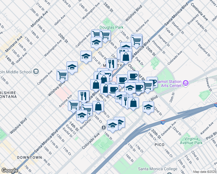 map of restaurants, bars, coffee shops, grocery stores, and more near 1450 20th Street in Santa Monica