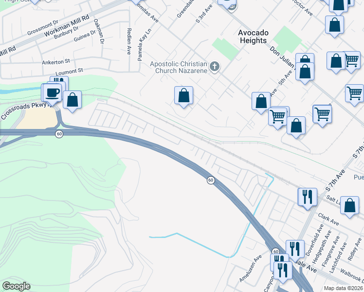 map of restaurants, bars, coffee shops, grocery stores, and more near 901 South 6th Avenue in Hacienda Heights