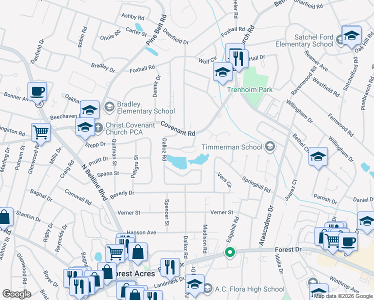 map of restaurants, bars, coffee shops, grocery stores, and more near 3148 Travis Court in Columbia