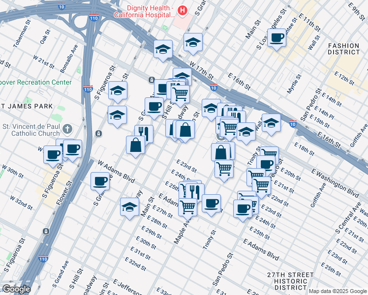 map of restaurants, bars, coffee shops, grocery stores, and more near 2139 South Los Angeles Street in Los Angeles