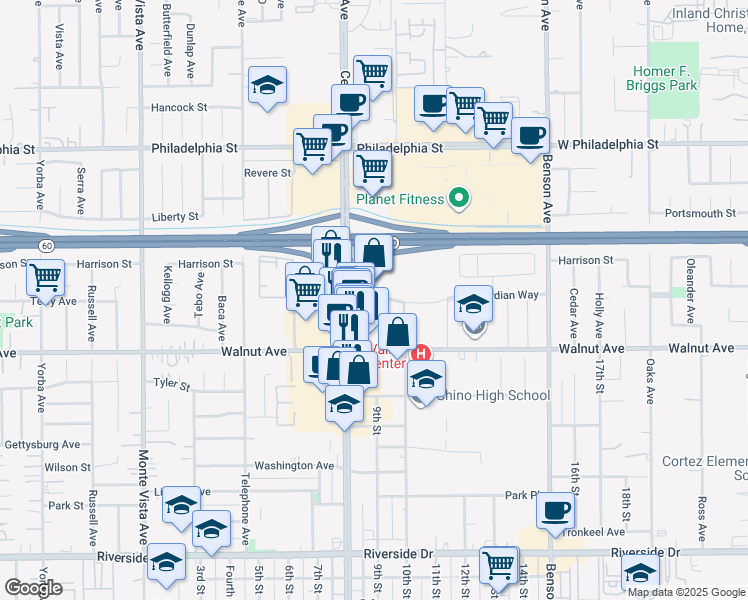 map of restaurants, bars, coffee shops, grocery stores, and more near 12401 Central Avenue in Chino