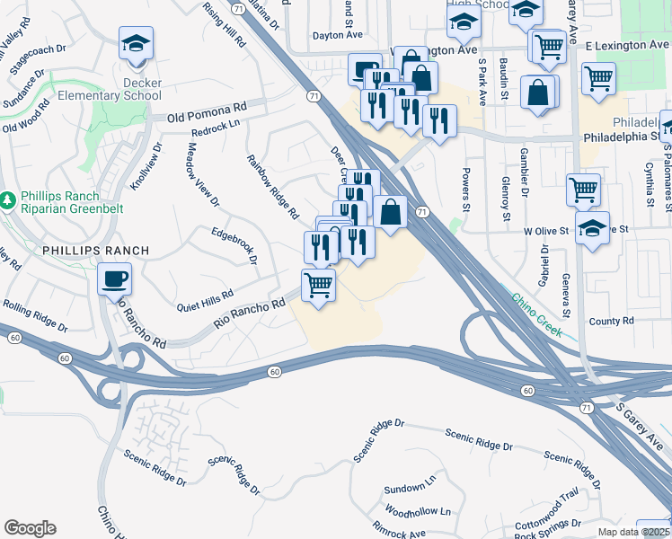 map of restaurants, bars, coffee shops, grocery stores, and more near 68 Rio Rancho Road in Pomona