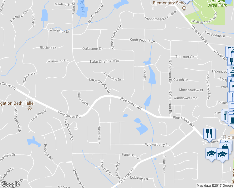 map of restaurants, bars, coffee shops, grocery stores, and more near 1040 Carmichle Court in Roswell