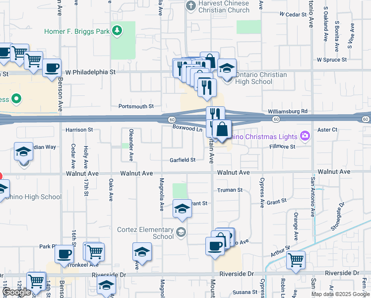 map of restaurants, bars, coffee shops, grocery stores, and more near 6170 Garfield Street in Chino
