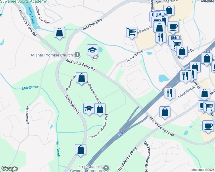 map of restaurants, bars, coffee shops, grocery stores, and more near 3108 Burnette Road in Suwanee