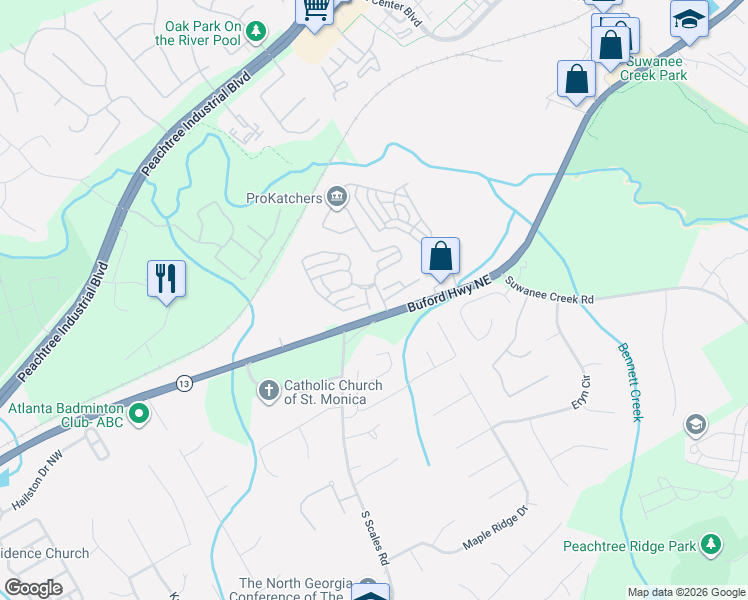 map of restaurants, bars, coffee shops, grocery stores, and more near 4053 Ridge Grove Way in Suwanee