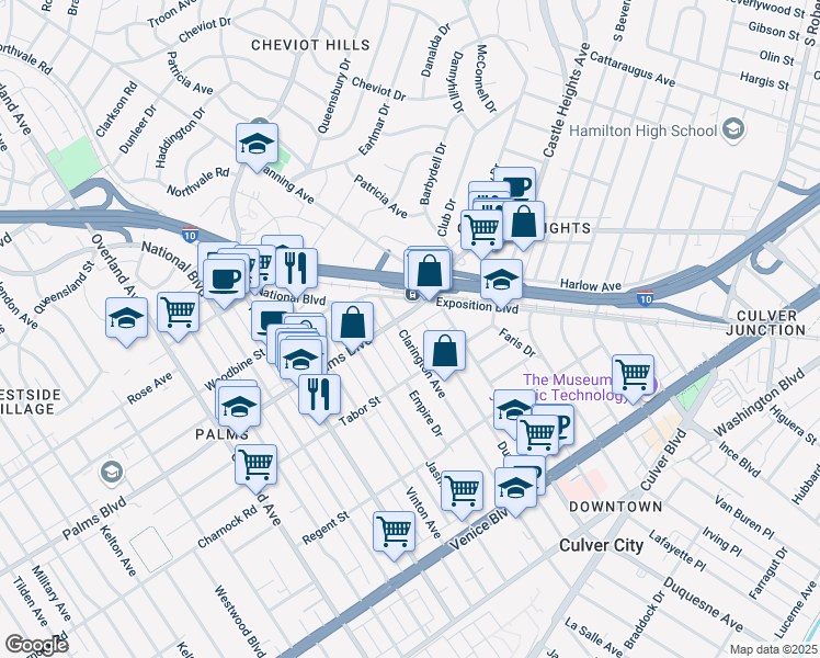 map of restaurants, bars, coffee shops, grocery stores, and more near 3510 Clarington Avenue in Los Angeles