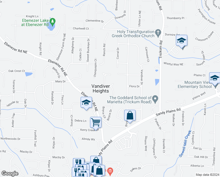 map of restaurants, bars, coffee shops, grocery stores, and more near 2140 Shadowood Drive in Marietta