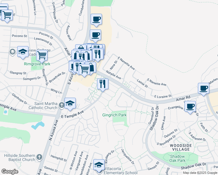map of restaurants, bars, coffee shops, grocery stores, and more near 1733 Fairridge Circle in West Covina