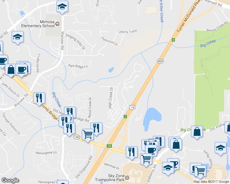 map of restaurants, bars, coffee shops, grocery stores, and more near 197 Holcomb Ferry Road in Roswell