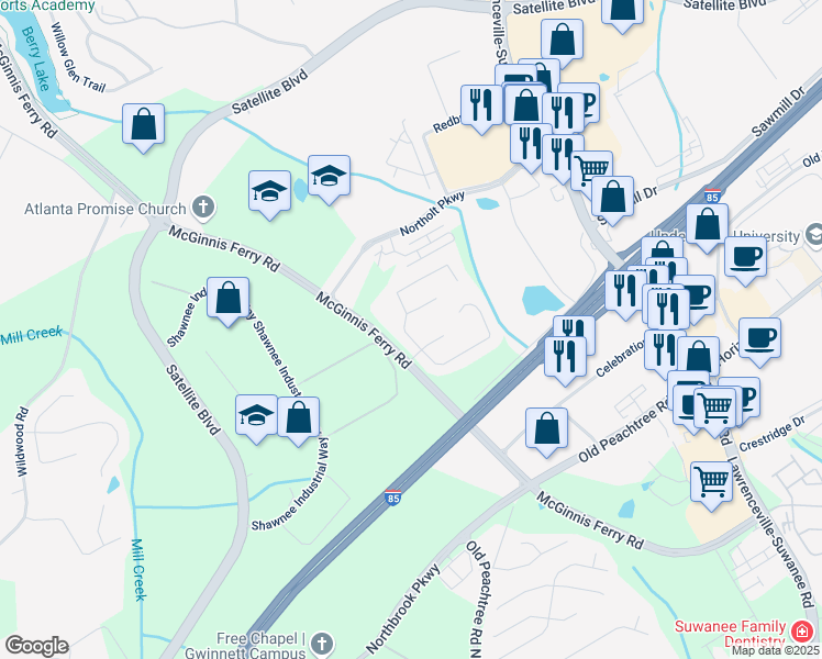 map of restaurants, bars, coffee shops, grocery stores, and more near 3105 Northcliff Drive in Suwanee