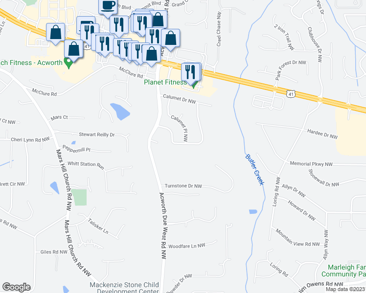 map of restaurants, bars, coffee shops, grocery stores, and more near 3106 Calumet Circle Northwest in Kennesaw