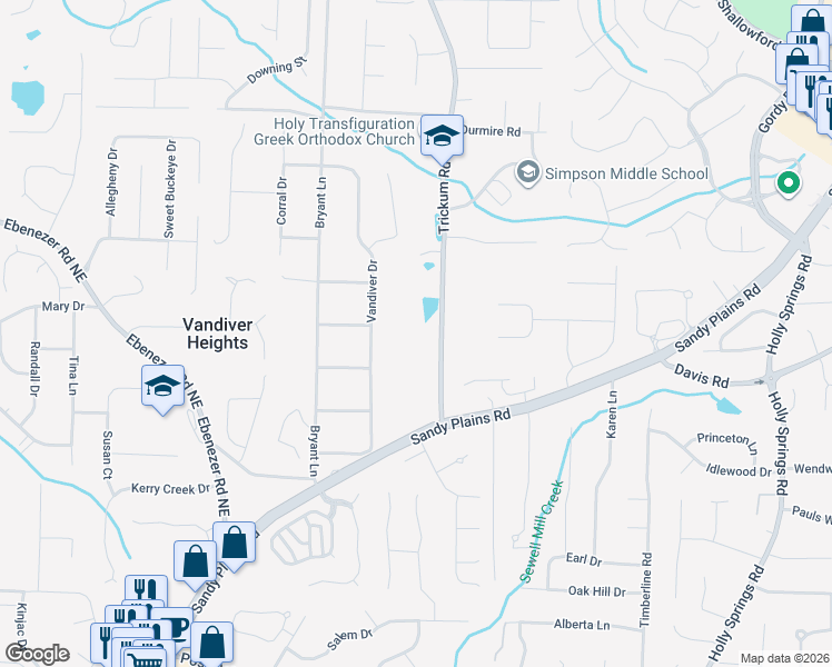 map of restaurants, bars, coffee shops, grocery stores, and more near 3155 Trickum Road in Marietta