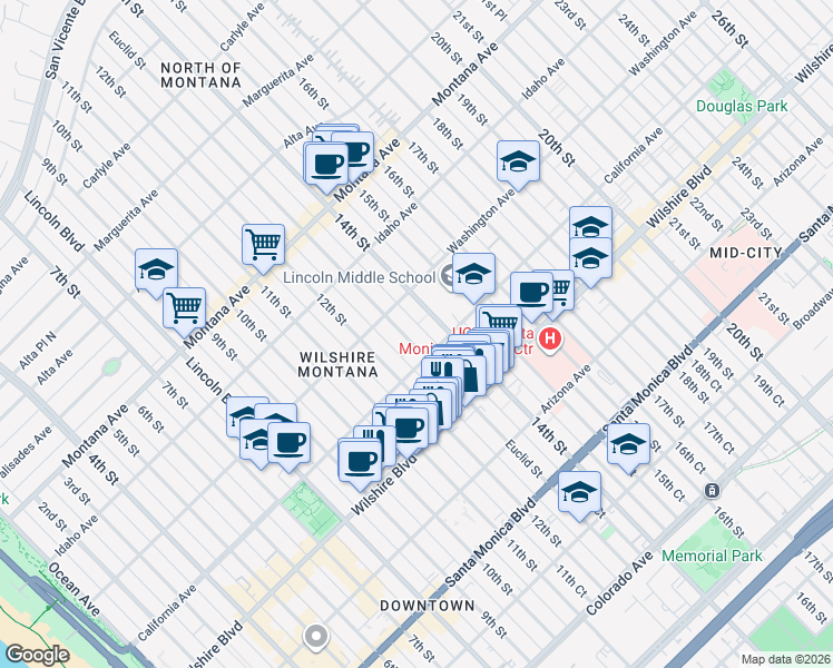 map of restaurants, bars, coffee shops, grocery stores, and more near 1037 Euclid Street in Santa Monica