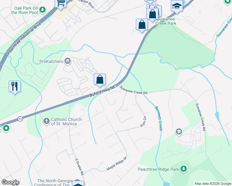map of restaurants, bars, coffee shops, grocery stores, and more near 1663 Chelsea Falls Lane in Suwanee
