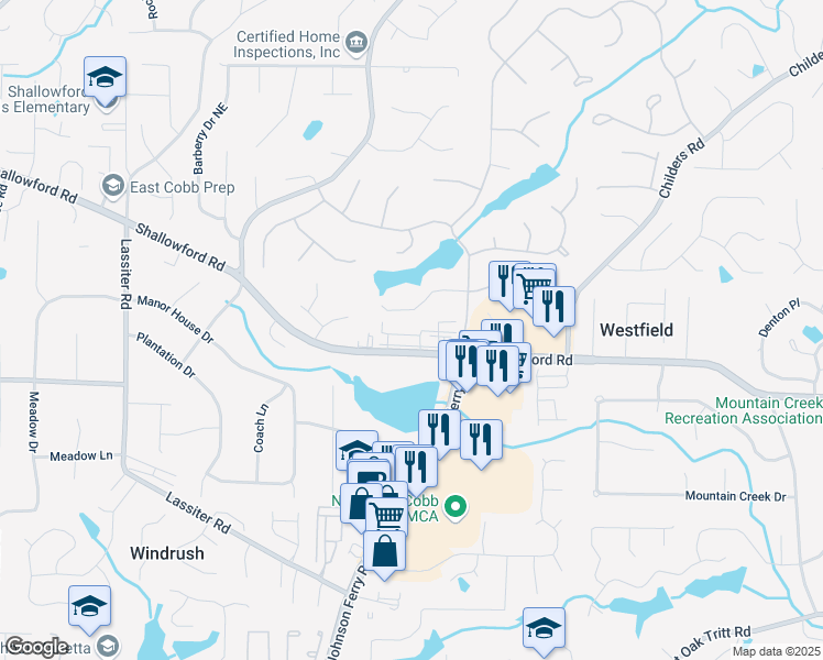 map of restaurants, bars, coffee shops, grocery stores, and more near 4343 Shallowford Road in Marietta
