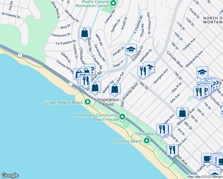 map of restaurants, bars, coffee shops, grocery stores, and more near 213 Ocean Avenue Extension in Santa Monica