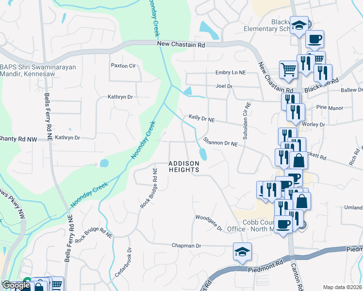 map of restaurants, bars, coffee shops, grocery stores, and more near 496 Shannon Drive Northeast in Marietta