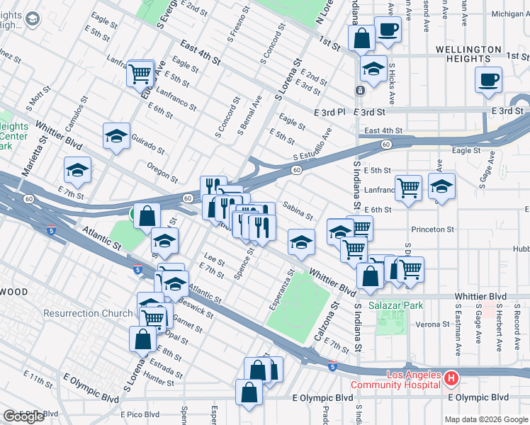map of restaurants, bars, coffee shops, grocery stores, and more near 811 Spence Street in Los Angeles