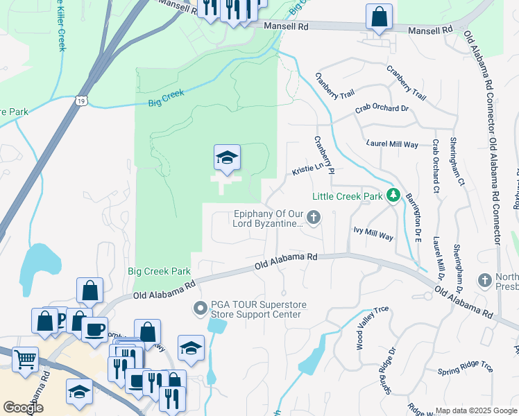 map of restaurants, bars, coffee shops, grocery stores, and more near 180 Tyson Circle in Roswell