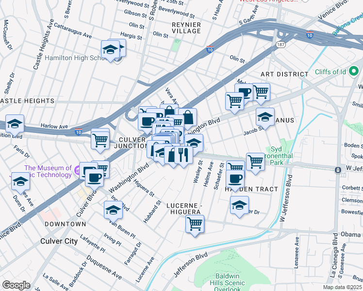 map of restaurants, bars, coffee shops, grocery stores, and more near 8804 National Boulevard in Culver City