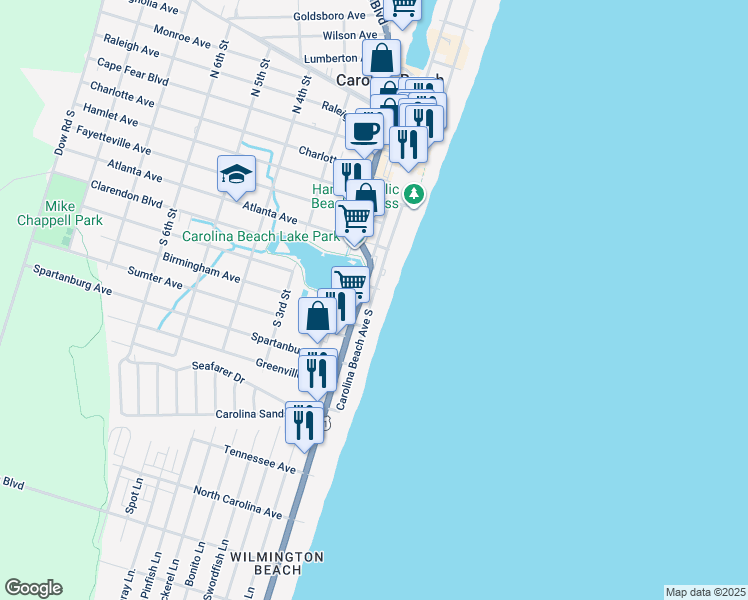 map of restaurants, bars, coffee shops, grocery stores, and more near 603 Carolina Beach Avenue South in Carolina Beach