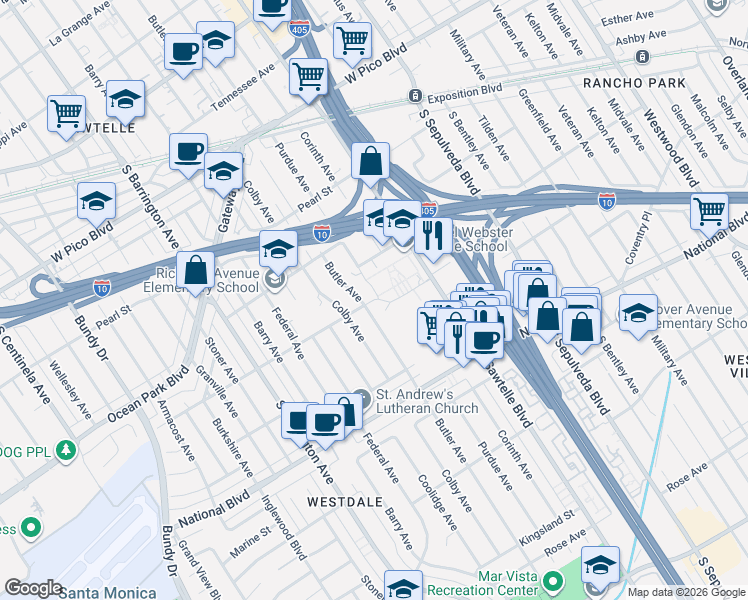 map of restaurants, bars, coffee shops, grocery stores, and more near 11423 Brookhaven Avenue in Los Angeles