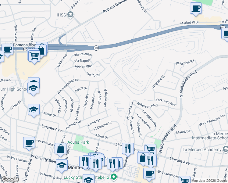 map of restaurants, bars, coffee shops, grocery stores, and more near 1400 Todd Place in Montebello