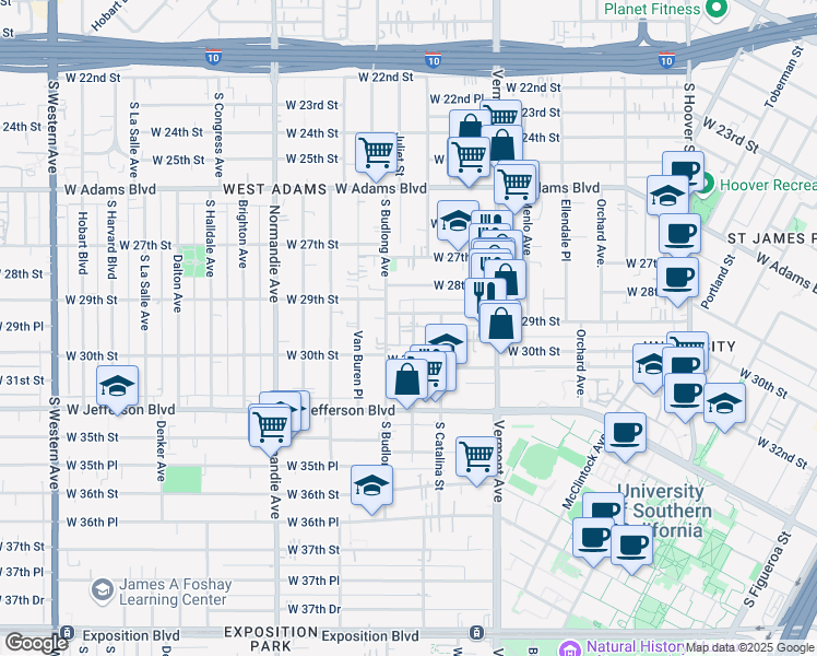 map of restaurants, bars, coffee shops, grocery stores, and more near 2938 Walton Avenue in Los Angeles