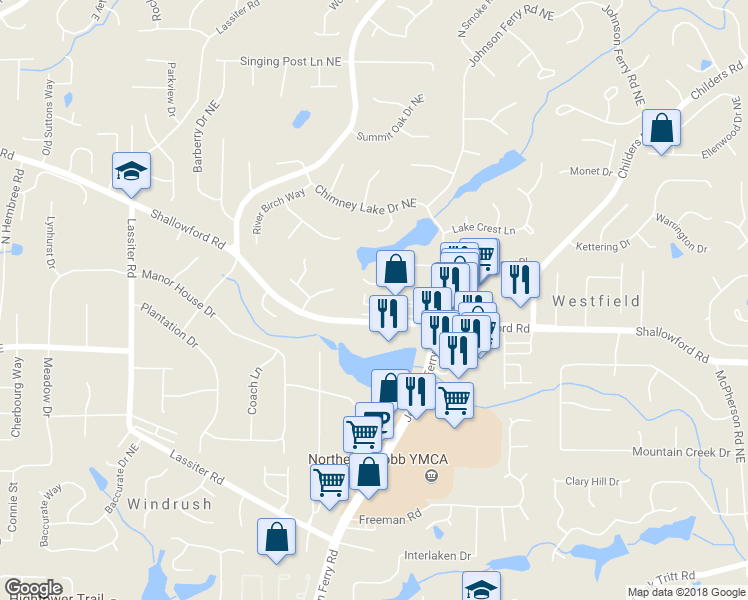 map of restaurants, bars, coffee shops, grocery stores, and more near 4345 Shallowford Road in Marietta