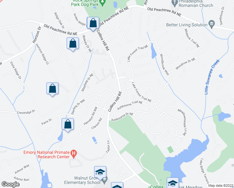 map of restaurants, bars, coffee shops, grocery stores, and more near 2605 Logan Way Northwest in Lawrenceville
