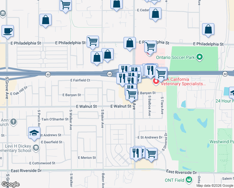 map of restaurants, bars, coffee shops, grocery stores, and more near 2537 South Prairie Dunes Place in Ontario
