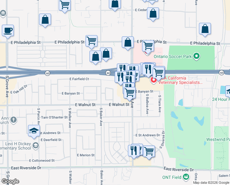 map of restaurants, bars, coffee shops, grocery stores, and more near 2537 South Prairie Dunes Place in Ontario