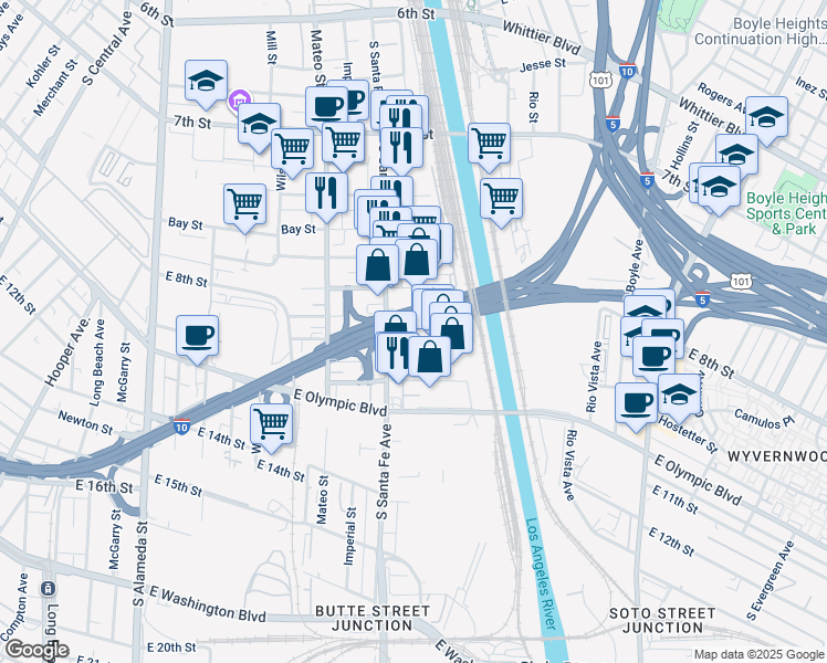 map of restaurants, bars, coffee shops, grocery stores, and more near 2438 Hunter Street in Los Angeles