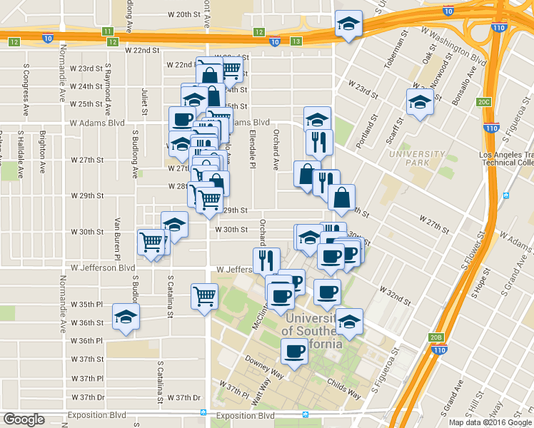 map of restaurants, bars, coffee shops, grocery stores, and more near 1173 West 30th Street in Los Angeles