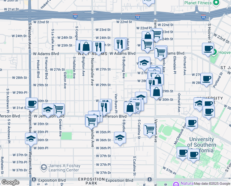 map of restaurants, bars, coffee shops, grocery stores, and more near 2955 Van Buren Place in Los Angeles