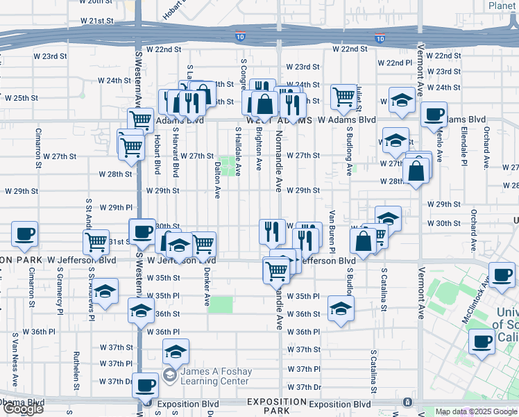 map of restaurants, bars, coffee shops, grocery stores, and more near 2957 Brighton Avenue in Los Angeles