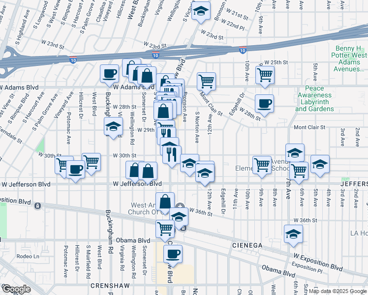 map of restaurants, bars, coffee shops, grocery stores, and more near 3614 West 30th Street in Los Angeles