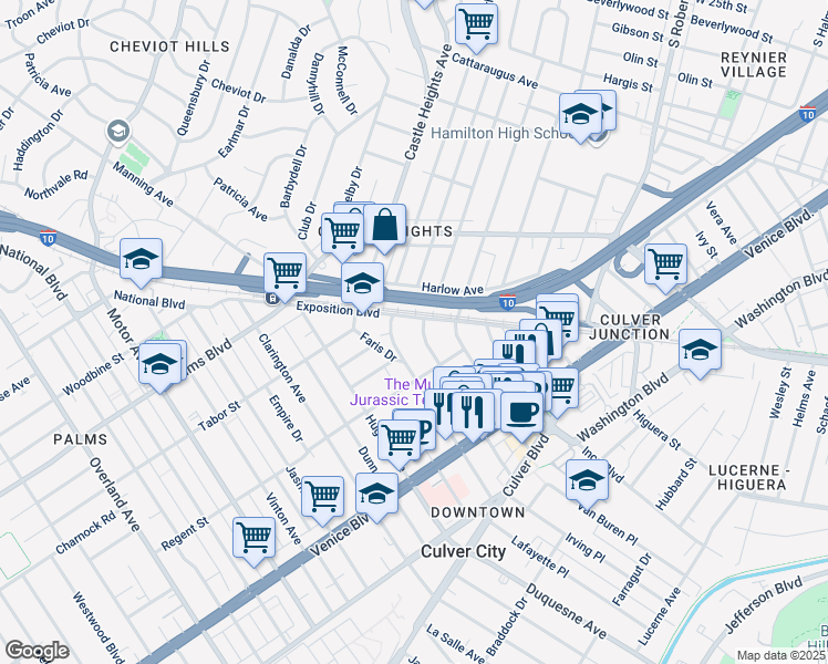 map of restaurants, bars, coffee shops, grocery stores, and more near 3651 Cardiff Avenue in Los Angeles