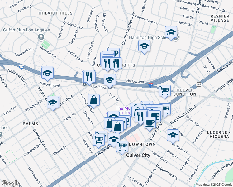 map of restaurants, bars, coffee shops, grocery stores, and more near 3626 Watseka Avenue in Los Angeles