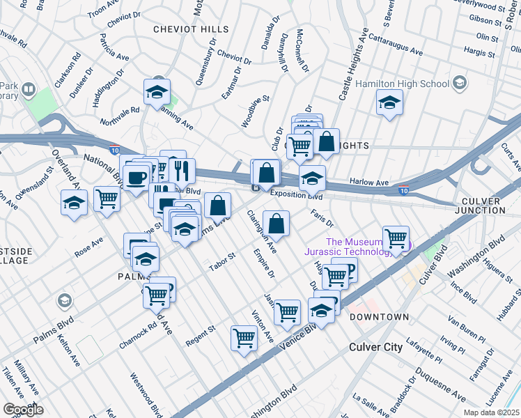 map of restaurants, bars, coffee shops, grocery stores, and more near 3546 Clarington Avenue in Los Angeles