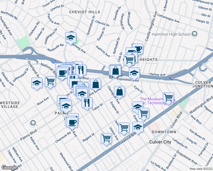 map of restaurants, bars, coffee shops, grocery stores, and more near 10138 Palms Boulevard in Los Angeles