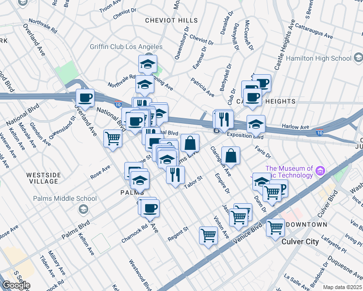 map of restaurants, bars, coffee shops, grocery stores, and more near 3455 Jasmine Avenue in Los Angeles