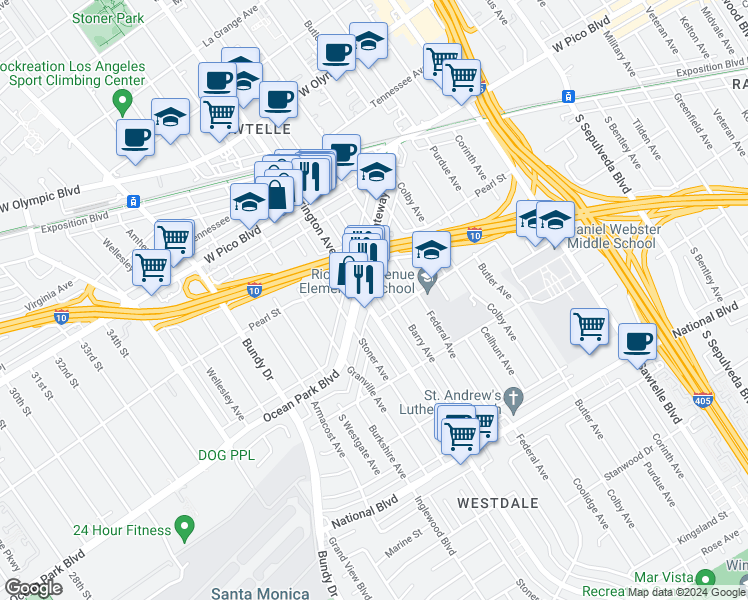 map of restaurants, bars, coffee shops, grocery stores, and more near 11730 Gateway Boulevard in Los Angeles