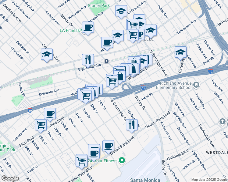 map of restaurants, bars, coffee shops, grocery stores, and more near 2405 South Centinela Avenue in Los Angeles