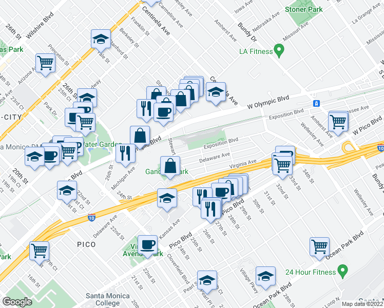 map of restaurants, bars, coffee shops, grocery stores, and more near 2805 Delaware Avenue in Santa Monica