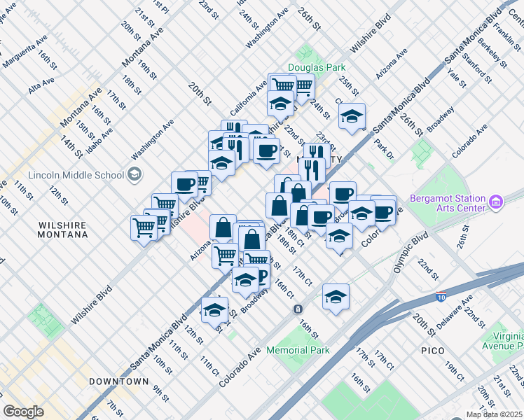 map of restaurants, bars, coffee shops, grocery stores, and more near 1347 18th Street in Santa Monica